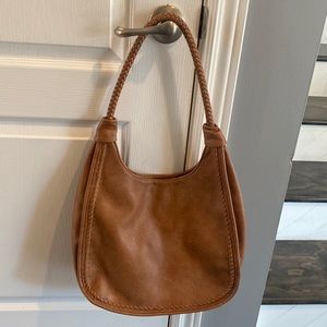 Tan shoulder bag with braided handle